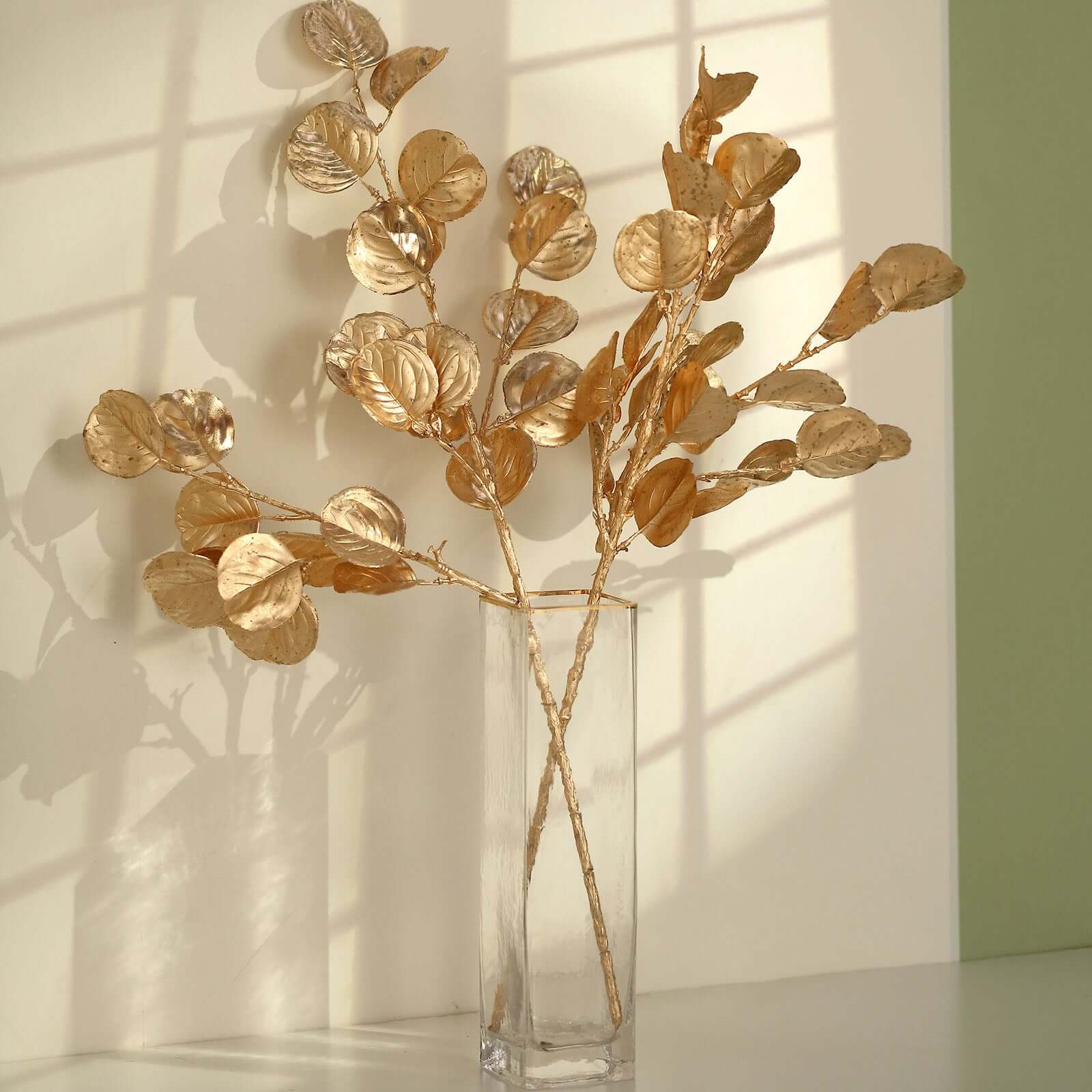 2 Pack Metallic Gold Artificial Round Eucalyptus Leaf Branches, Faux Decorative Bouquets 27