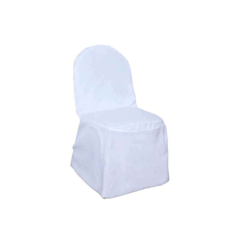 White Polyester Banquet Chair Cover, Reusable Stain Resistant Slip On Chair Cover