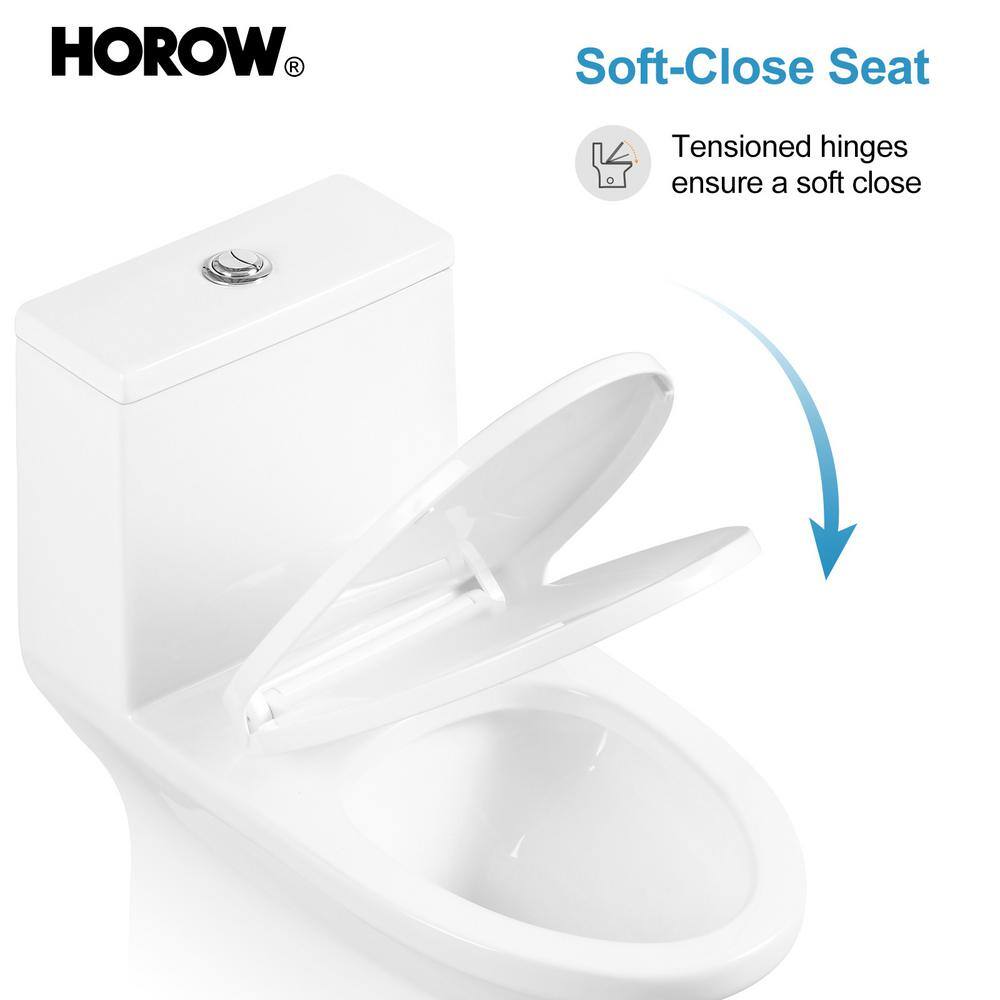 HOROW 1-piece 0.8 GPF1.28 GPF High Efficiency Dual Flush Elongated Toilet in. White Soft-Close Seat Included ADA Height HR-0138