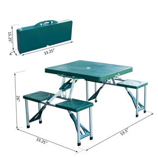 Outsunny 4-Person Green Plastic Portable Compact Folding Suitcase Picnic Table Set with Umbrella Hole and Simple Setup 01-0402