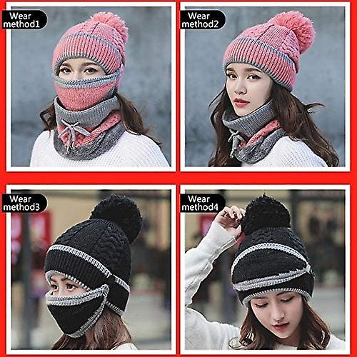 3pcs/set Fashion Women Winter Knitted Hat Thickened Woolen Cap With Warm Mask And Neck Scarf Pink -