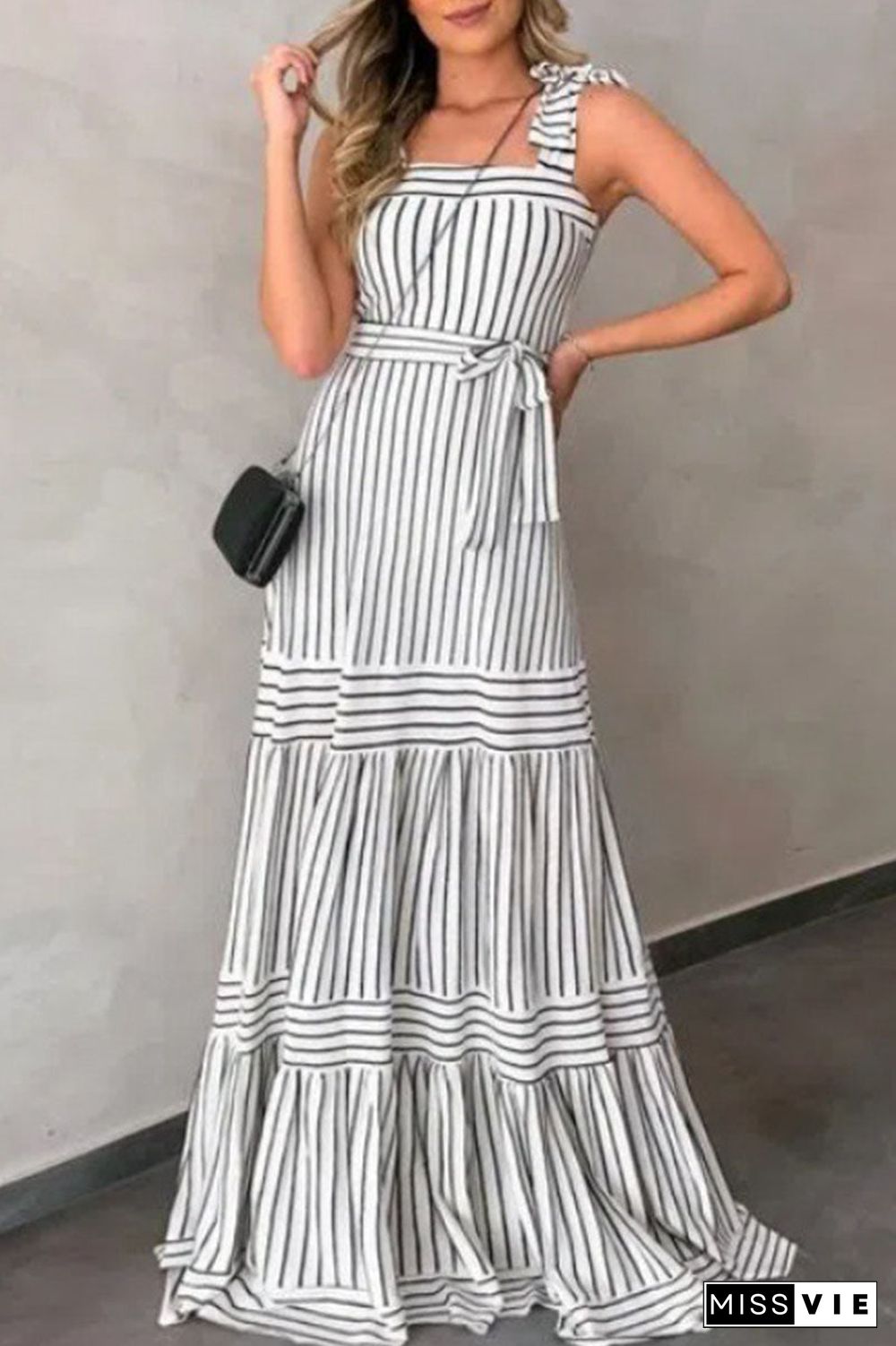 Sexy Casual Striped Bandage Patchwork Spaghetti Strap Pleated Dresses