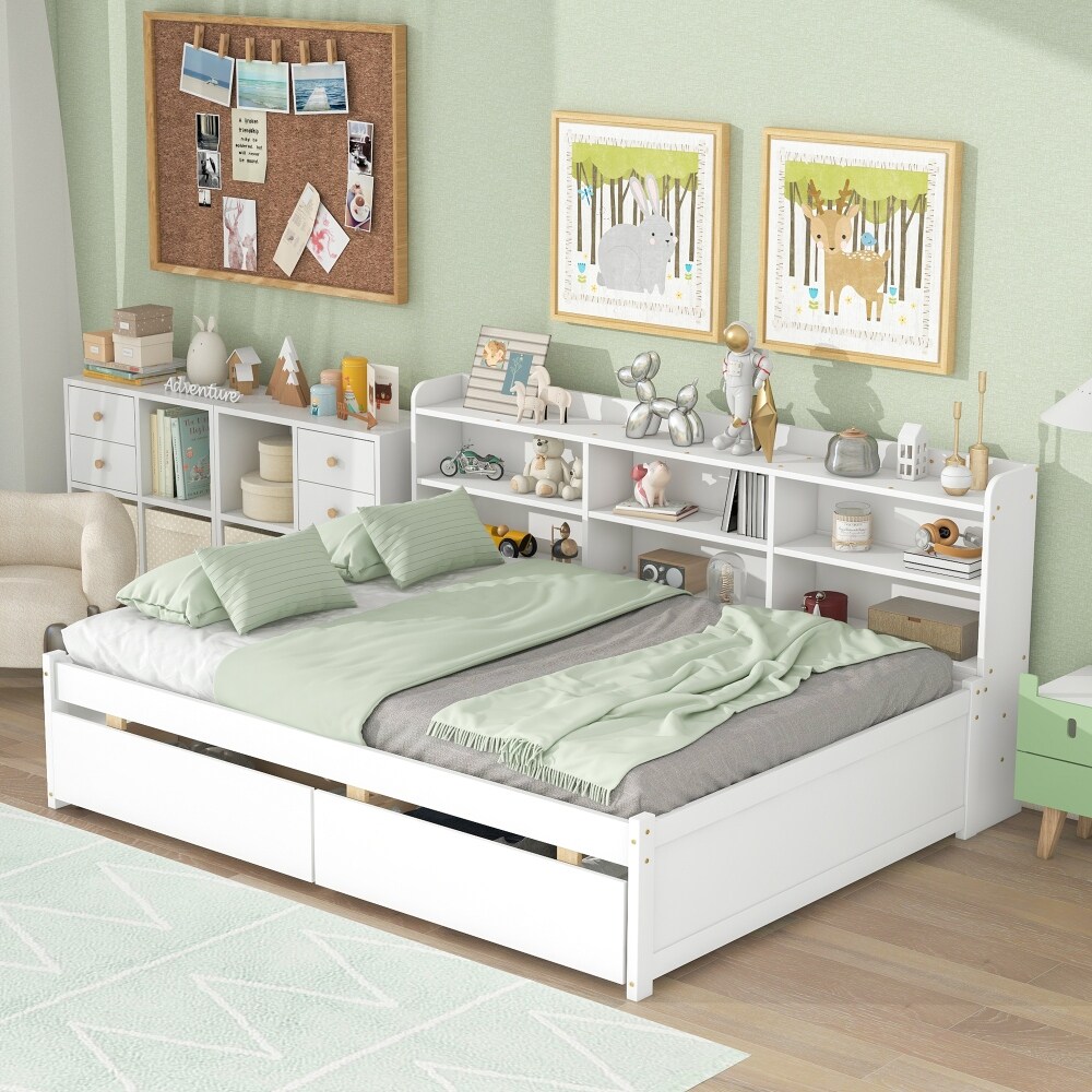 Full Bed with Side Bookcase and Drawers