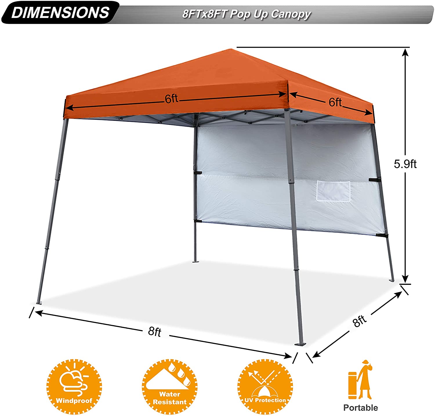 ABCCANOPY 8 ft x 8 ft Outdoor Pop up Slant Leg Canopy Tent with 1 Sun Wall and 1 Backpack Bag - Orange