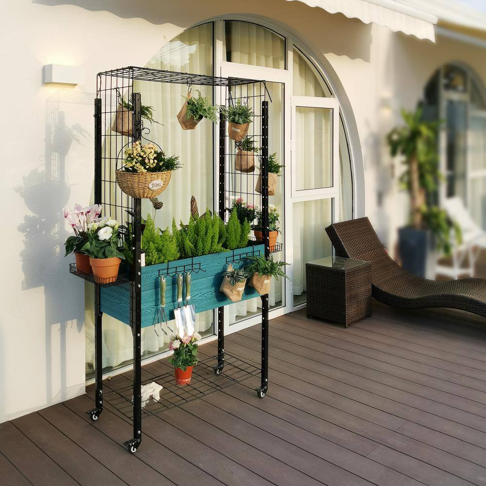 EverBloom Blue Self-Watering Composite Mobile Elevated Planter with Arch Trellis and UnderShelf and Basket and Hook Set K2304