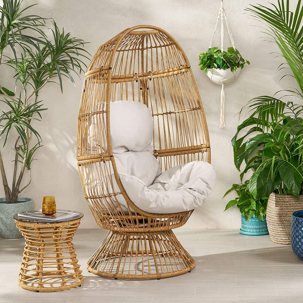 Unique Patio Lounge Chair  Egg Shaped Frame With Swiveling Cushioned Seat  Beige   Tropical   Outdoor Lounge Chairs   by Decor Love  Houzz