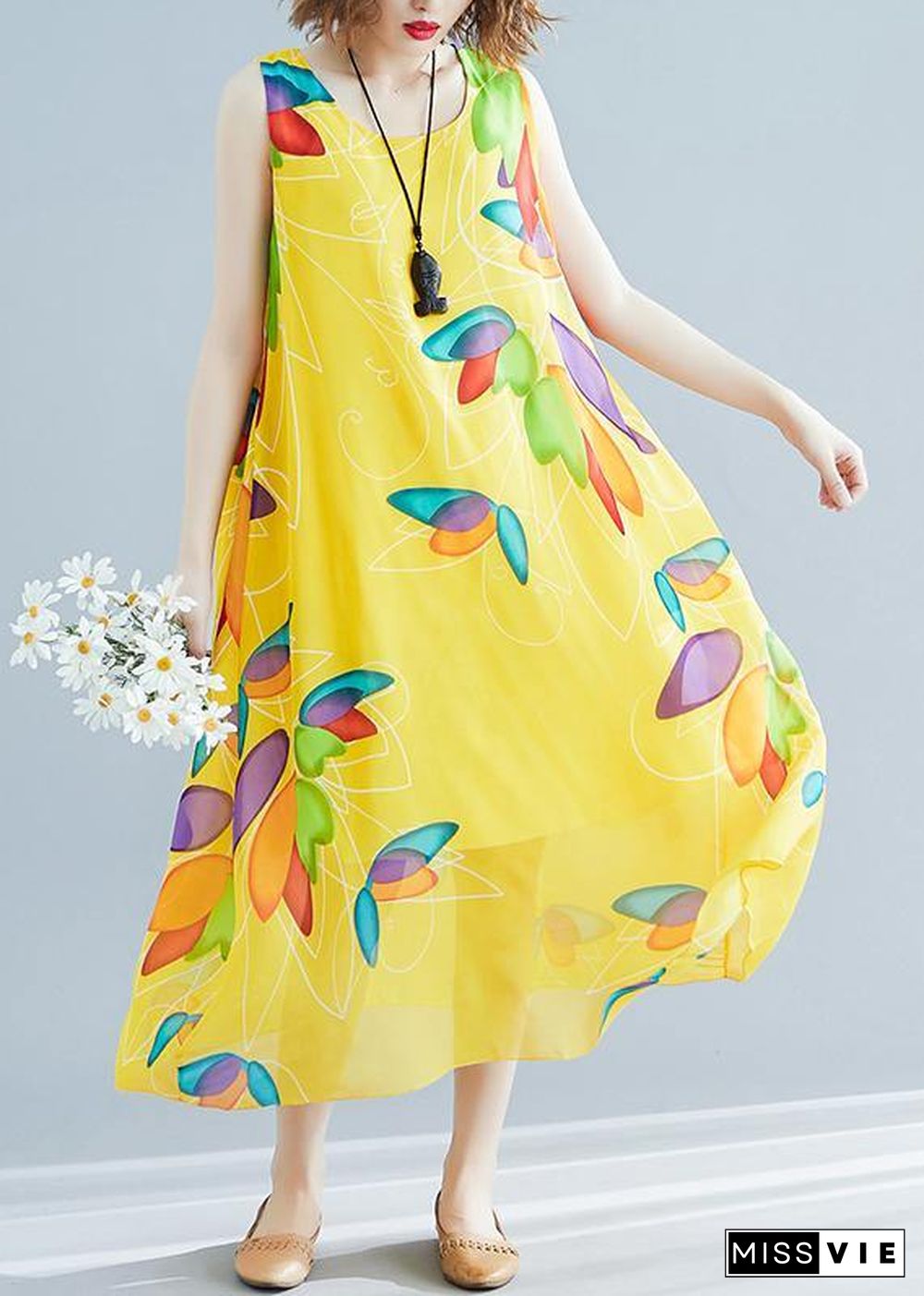 Beautiful yellow print chiffon Robes Korea Tutorials o neck false two pieces long Summer Dress