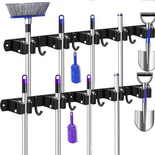 Oumilen (2-Pack) Mop  Broom Holder Wall Mounted Metal Tool Storage Organizer Rack Black 4 Slots  5 Hooks PSHK100