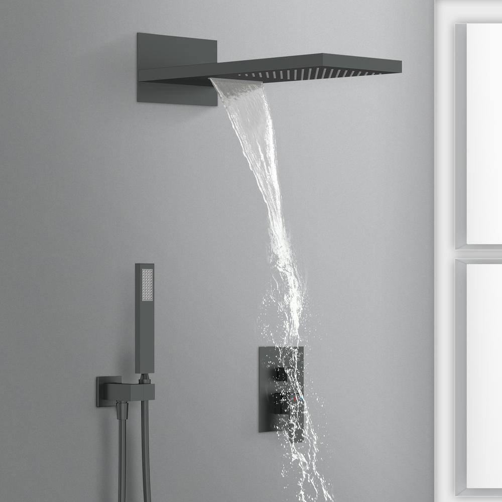 GIVING TREE 3-Spray Patterns with 22 in. Waterfall Shower Head Wall Mount Dual Shower Heads Hand Shower in Matte Black XLHDDTSH0023