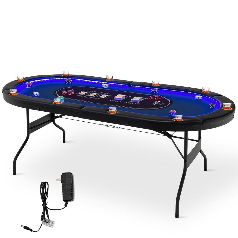 Costway Foldable 10 Player Poker Table Casino Texas Holdem with LED Lights USB Ports UY10016US-BL