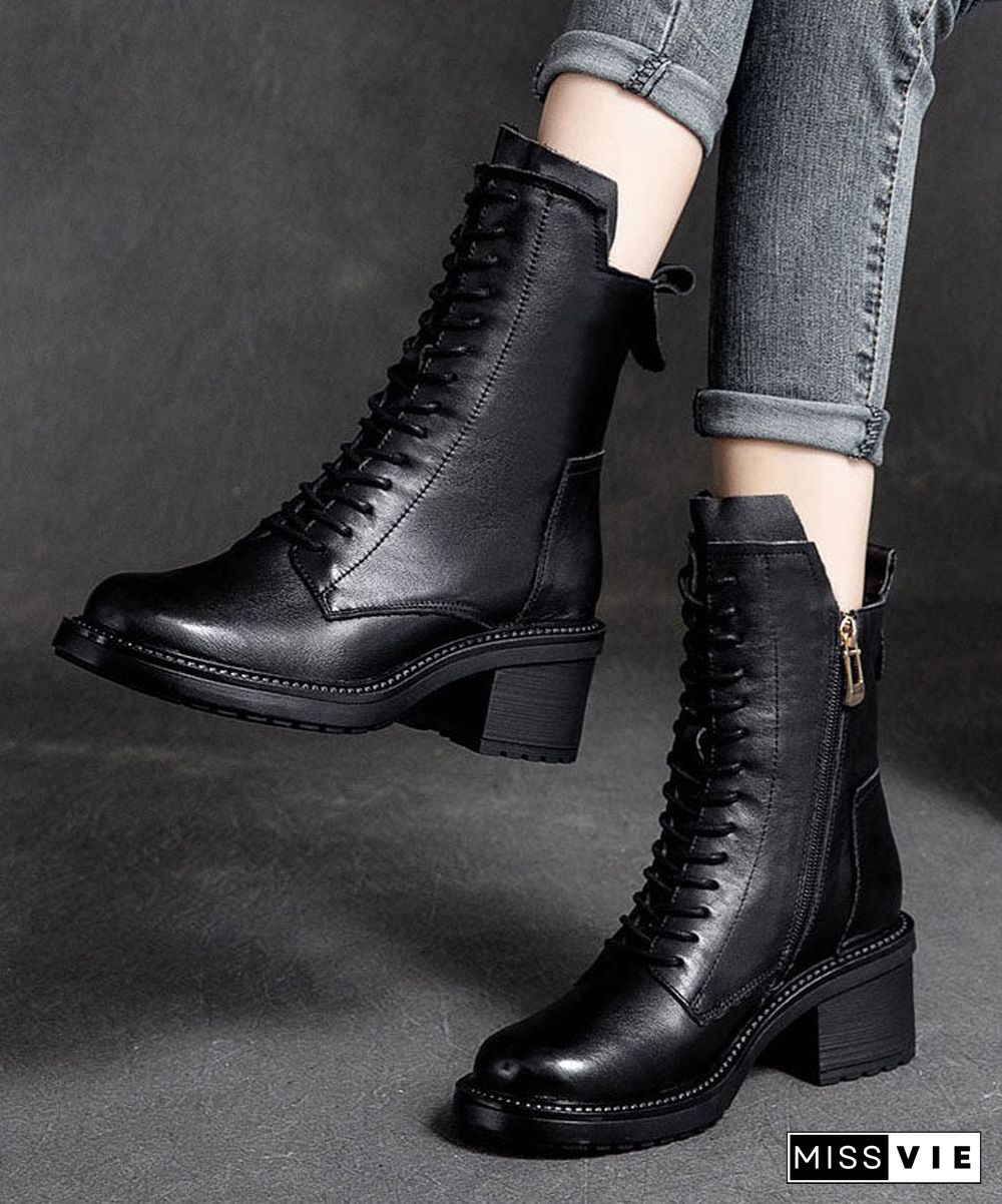 Black Biker Boots Chunky Zippered Cowhide Leather Casual Lace Up Boots