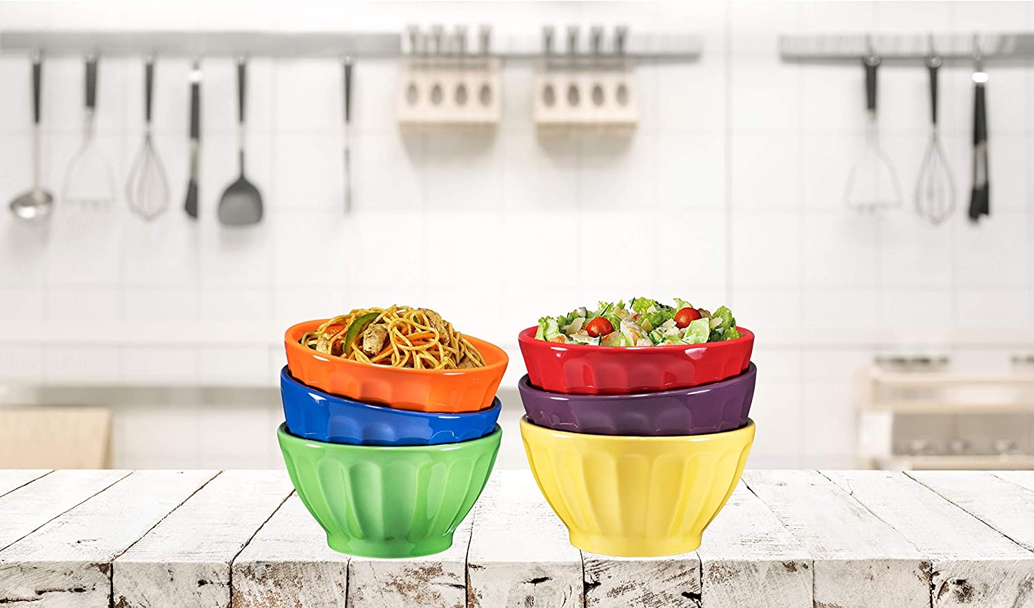 Groove Bowls - Cereal， Soup， Ice Cream， 14oz. Set of 6， Assorted Colors (Multi-Color)