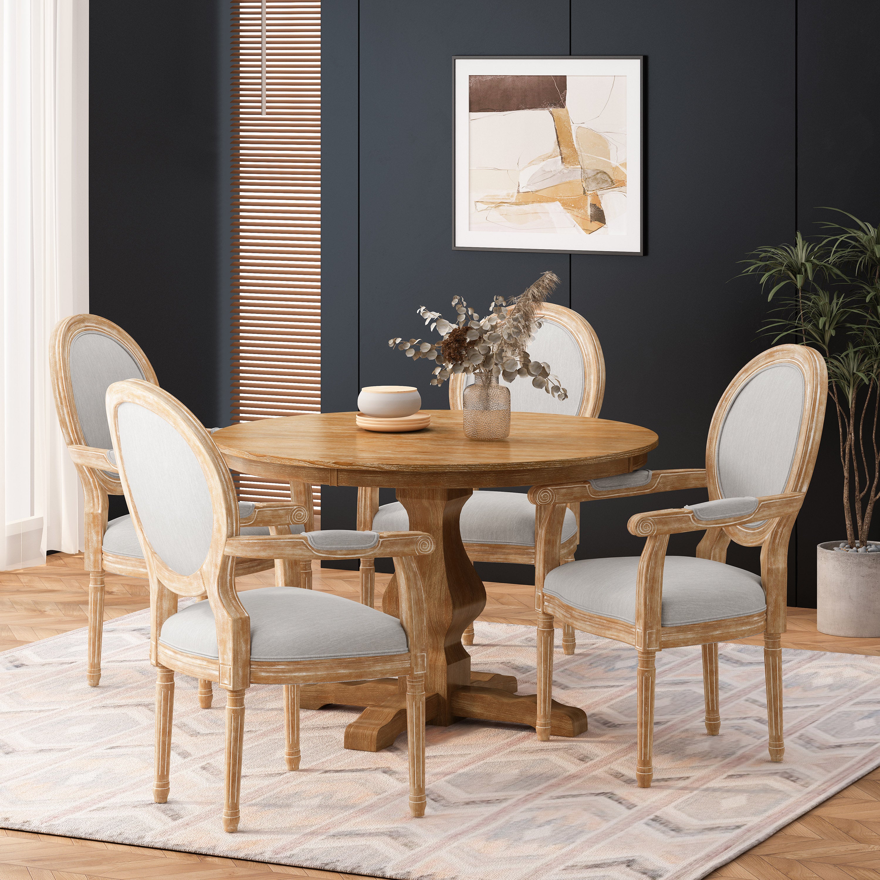 Bryan French Country Fabric Upholstered Wood 5 Piece Circular Dining Set