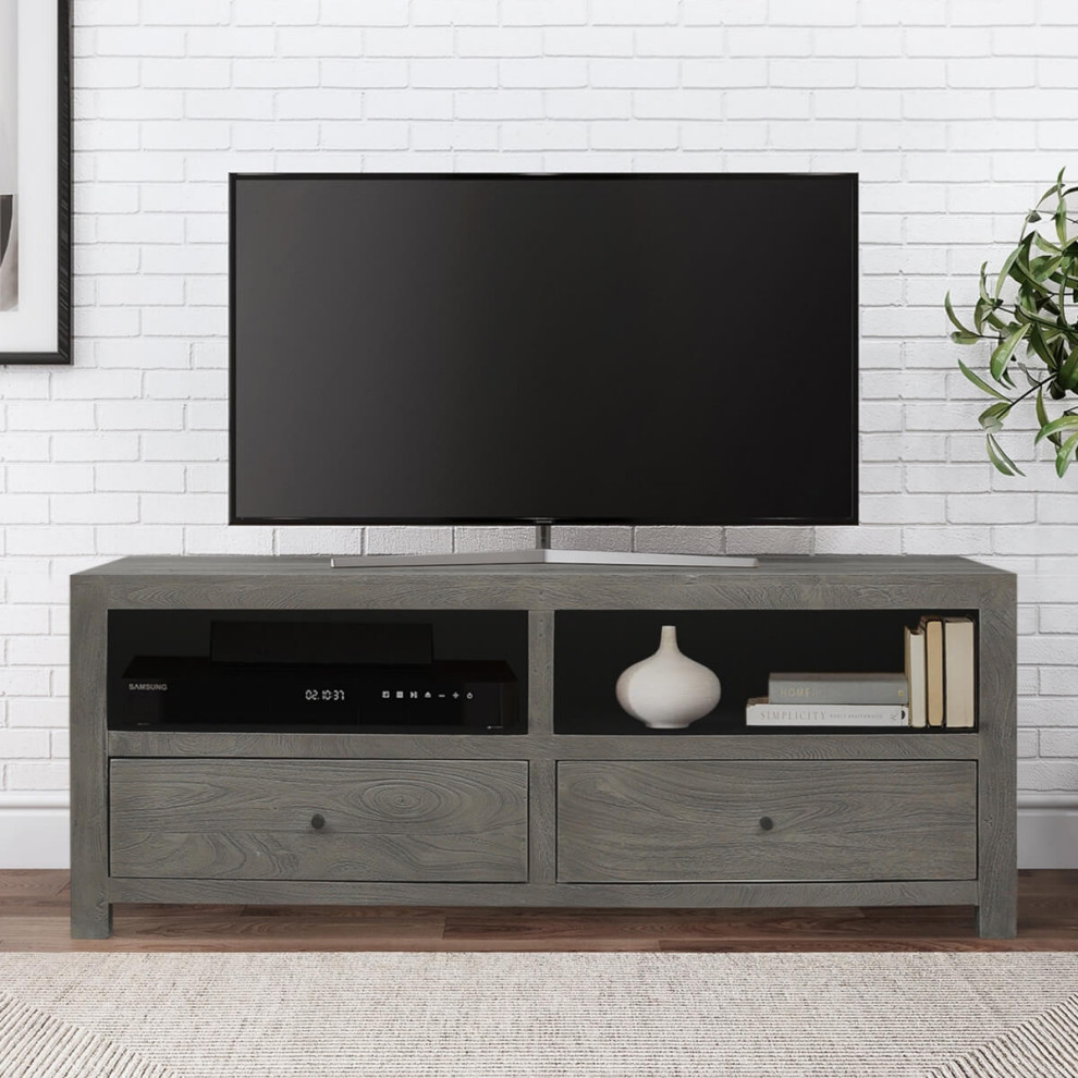 Tofino Rustic Solid Wood 2 Drawers Grey TV Bench Stand Media Cabinet   Transitional   Entertainment Centers And Tv Stands   by Sierra Living Concepts Inc  Houzz