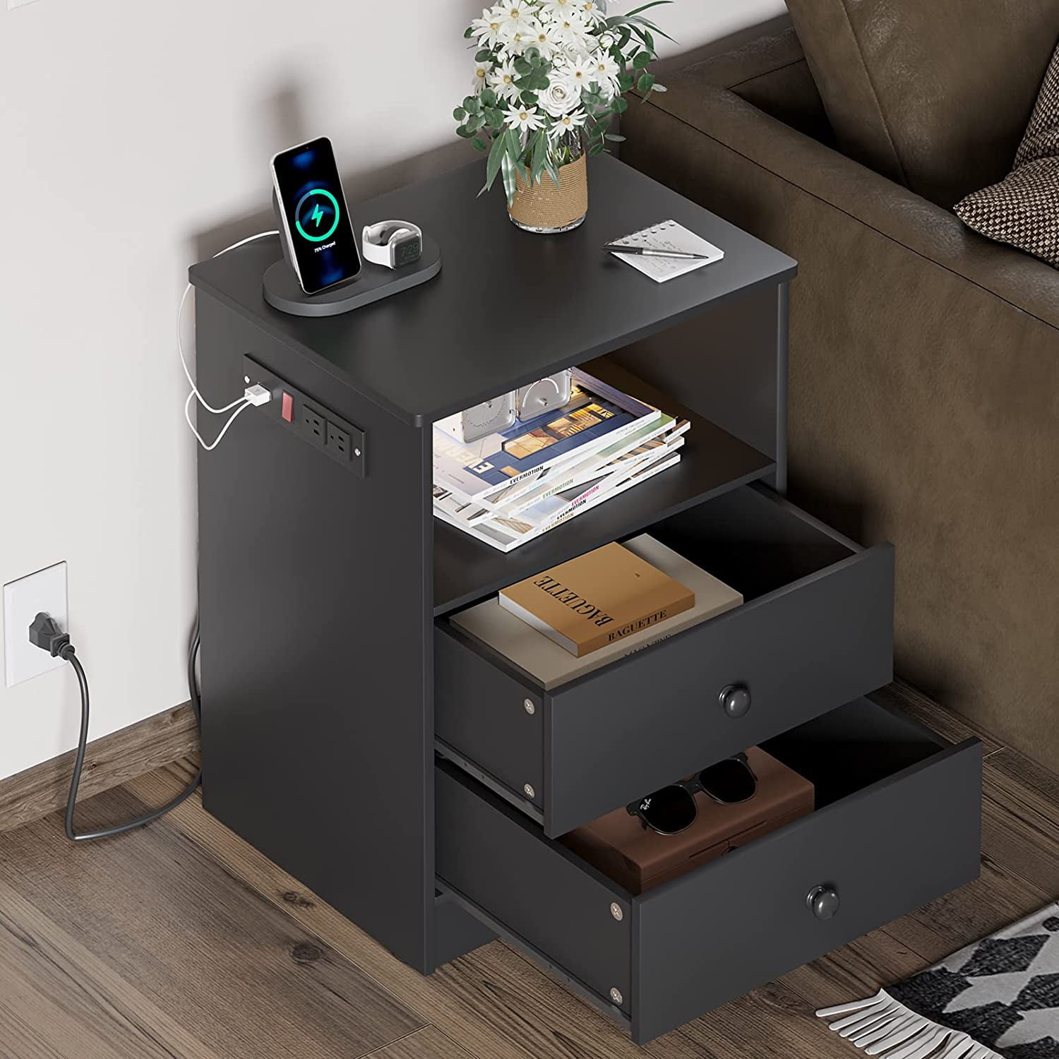 Nightstand with Charging Station and LED Lights, Modern Bedside Table with Drawers and Open Storage,2 USB Charging Ports,Bedroom