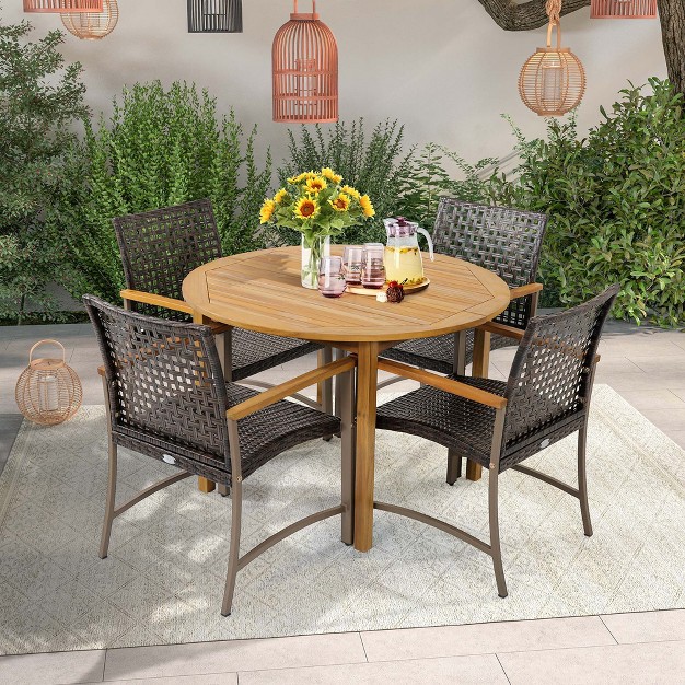 Costway Set Of 4 Patio Dining Chairs Outdoor Wicker Armchairs With Acacia Wood Armrests