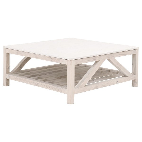 End Table with Solid Quartz Top and 1 Slatted Shelf， Washed White