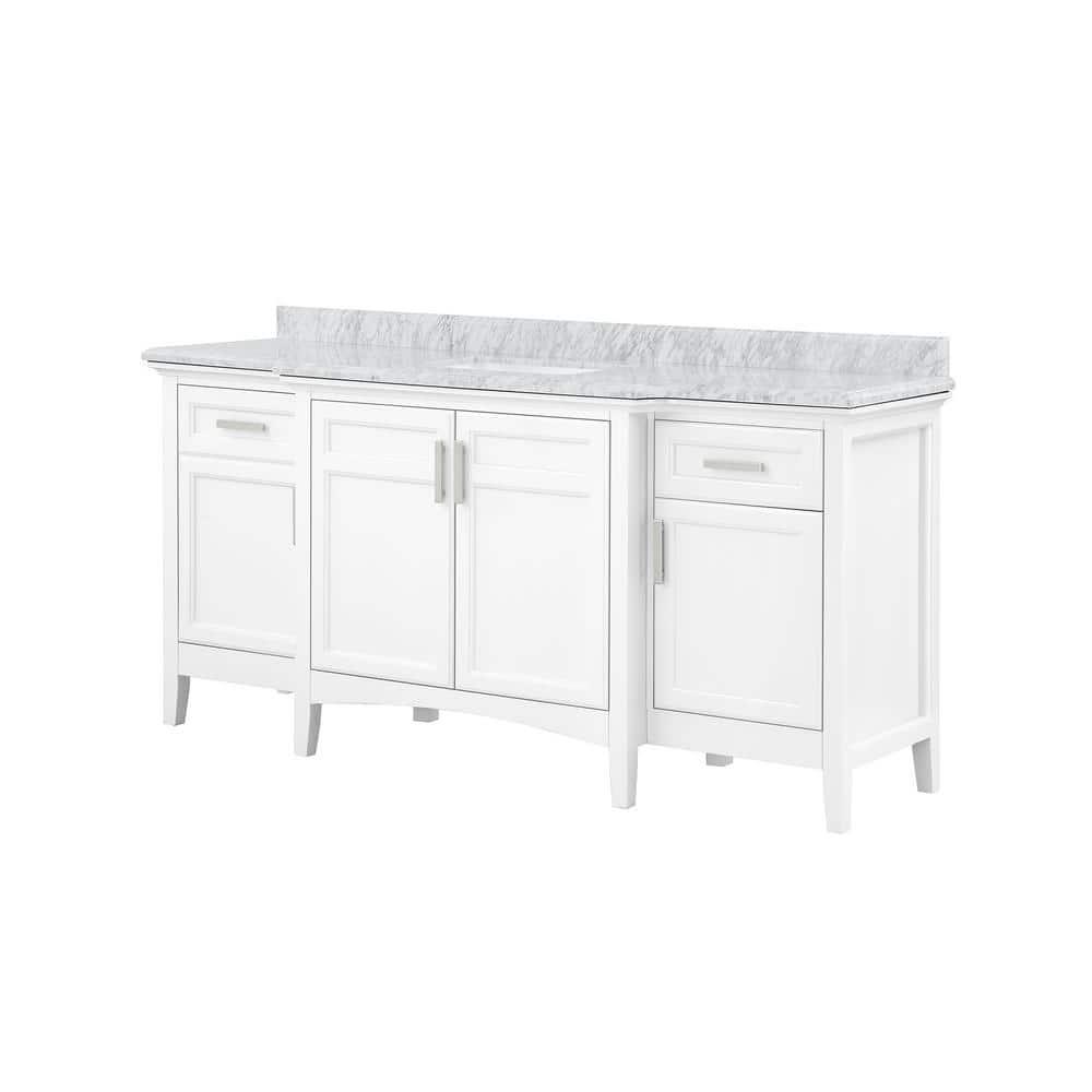 Home Decorators Collection Sassy 72 in W x 22 in D x 35 in H Bath Vanity in White with Marble Vanity Top in Carrara with white Basin