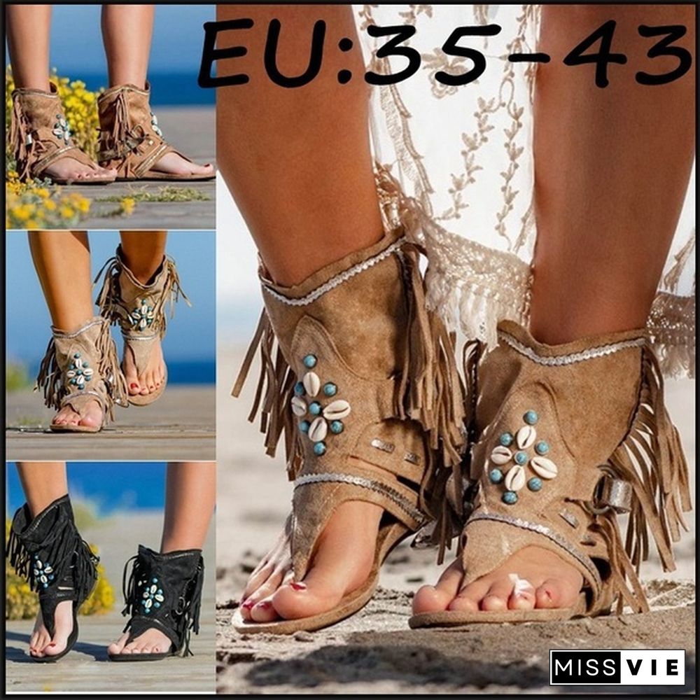 Women's Fashion Tassel Roman Boho Sandals Flock Retro Ankle Sandal Shoes Summer Flats Flip Flops Bohemian Beach Boot Shoes Plus Size