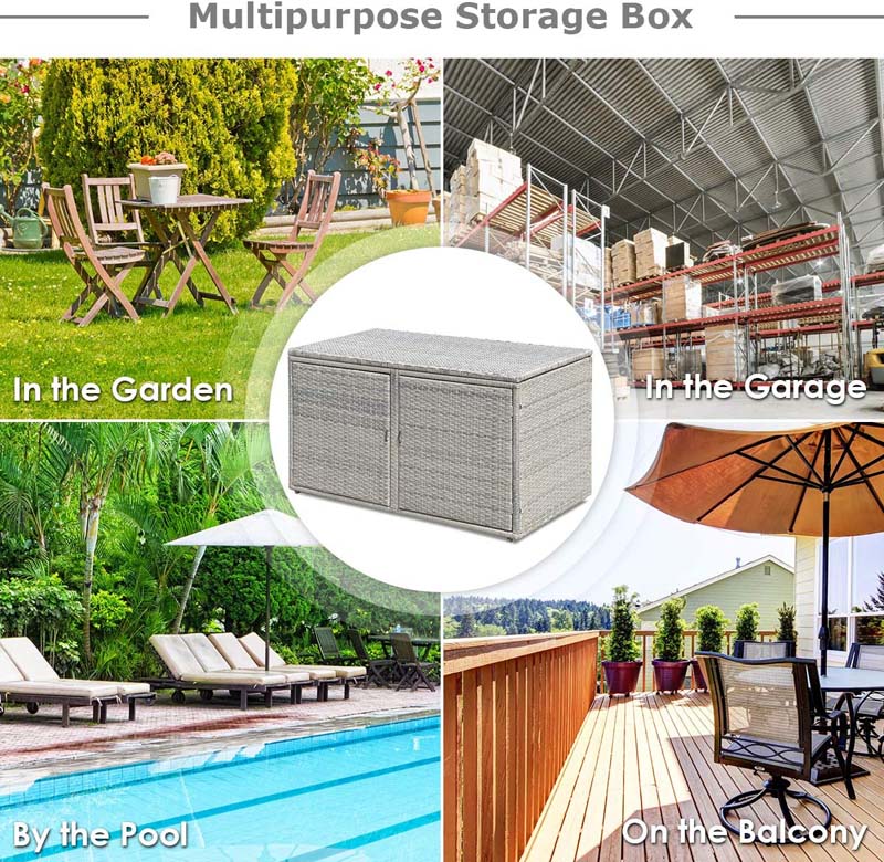 88 Gallon Patio Wicker Storage Box Rattan Deck Bench with Openable Door