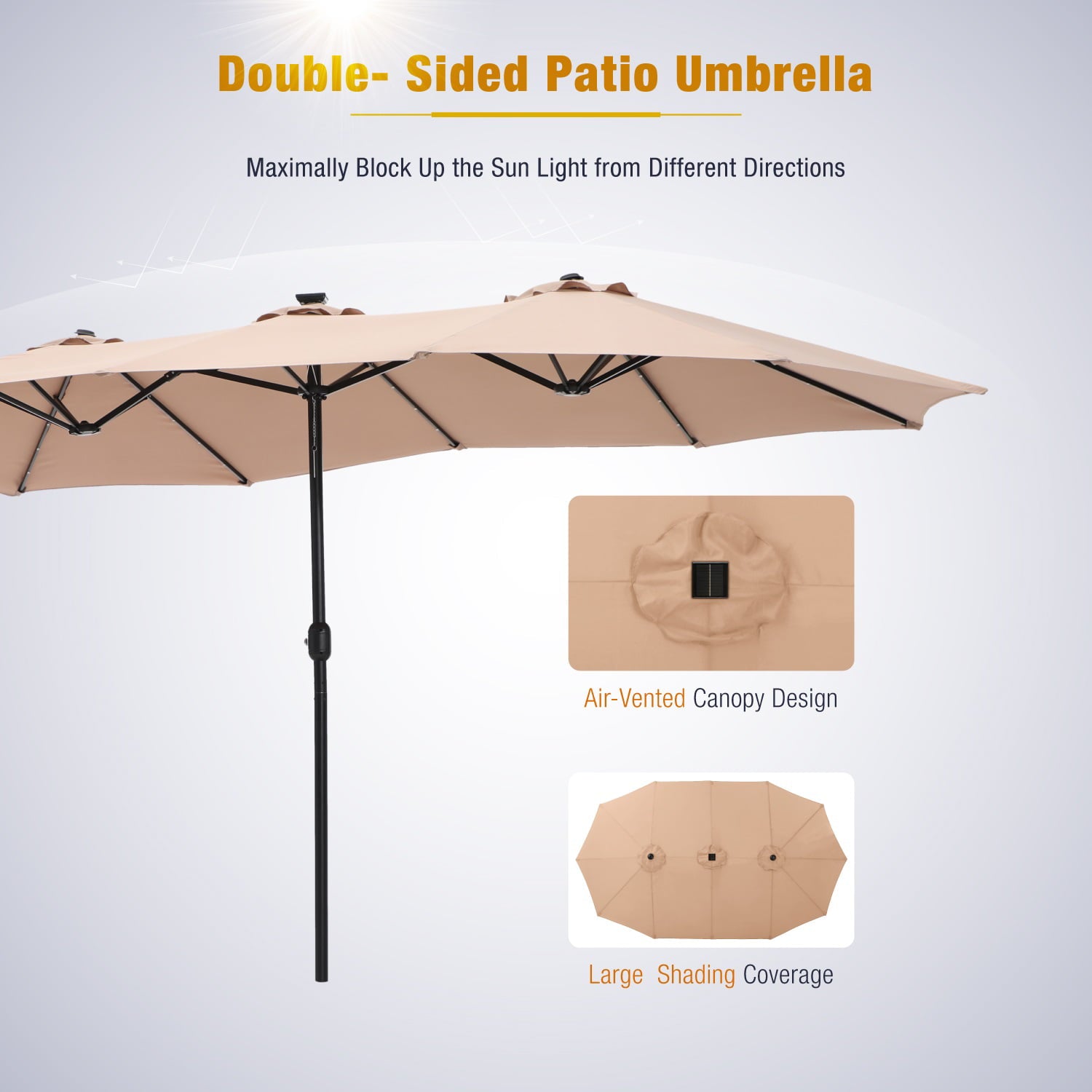 MF Studio 15ft Double-Sided Solar Patio Umbrella with Base Large Outdoor Table Umbrella with Crank Handle and 36 pcs LED lights, Beige