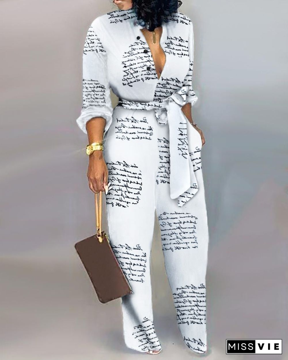 Letter Print Casual Knotted Jumpsuit