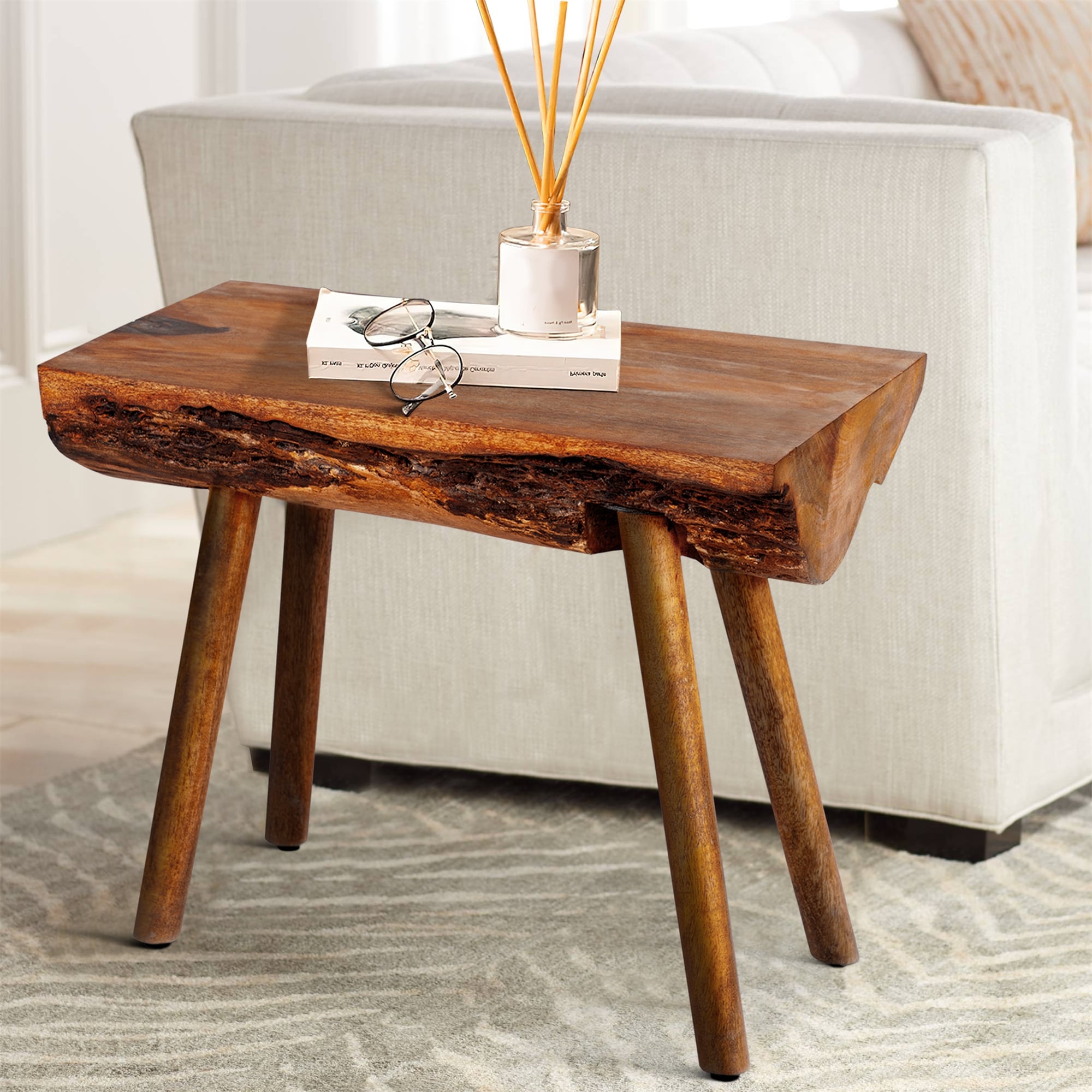 18 Inch Rectangular Mango Wood Side Table with Live Edge Log Top