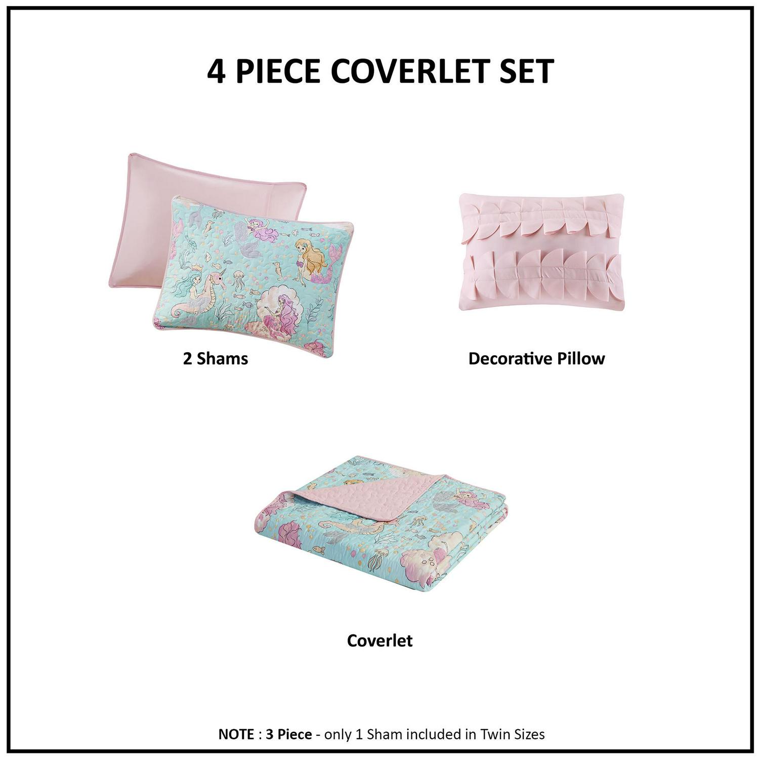 Home Essence Kids Livia Mermaid Print 3 Piece Cotton Filled Quilted Coverlet Set， Twin