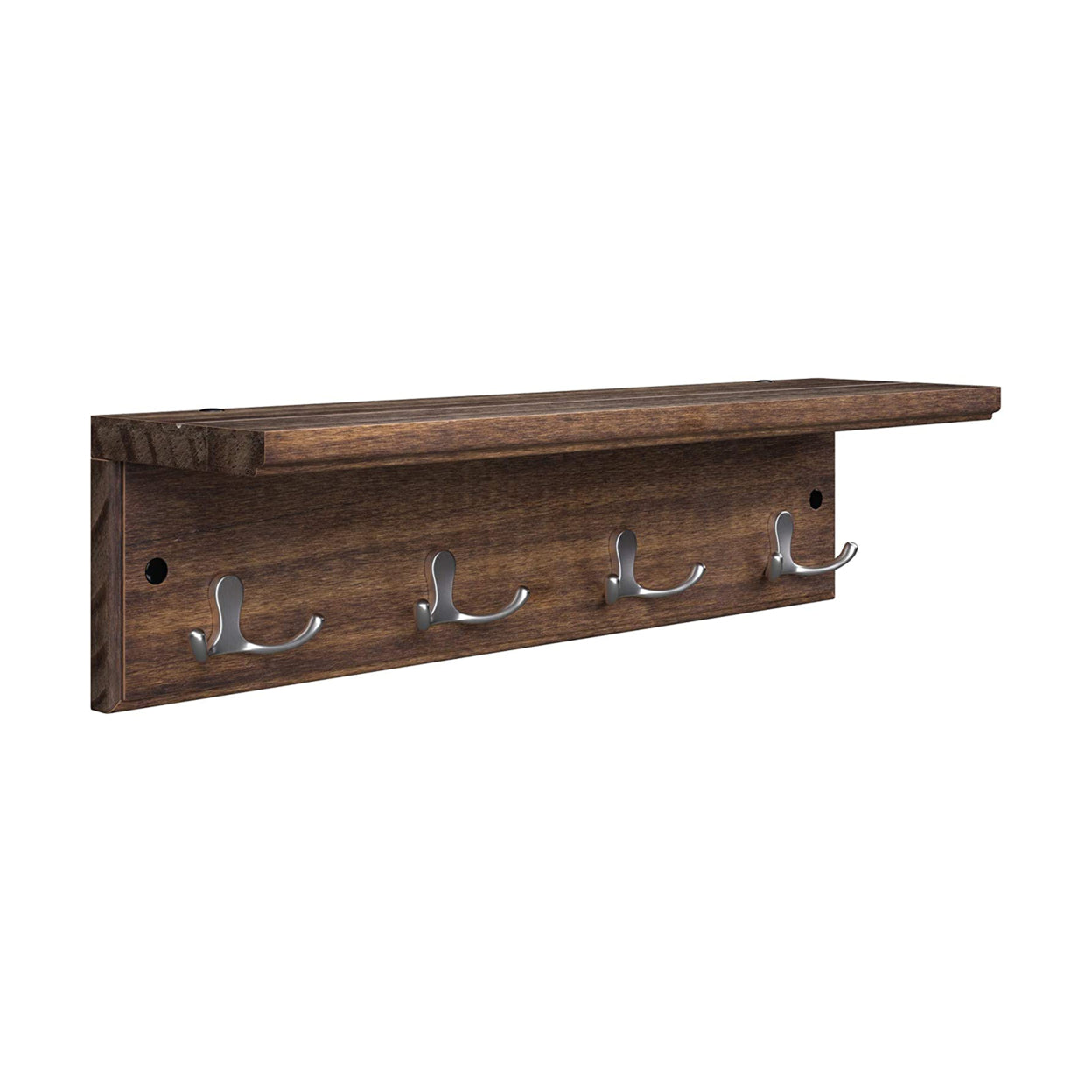 16 Inch Wall Mount Coat Rack， 4 Double Hooks， Wood， Metal， Rustic Brown- Saltoro Sherpi