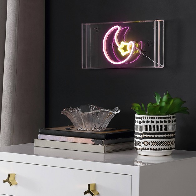 Moon Contemporary Glam Acrylic Box Pendant includes Led Light Bulb Neon Pink yellow Jonathan Y