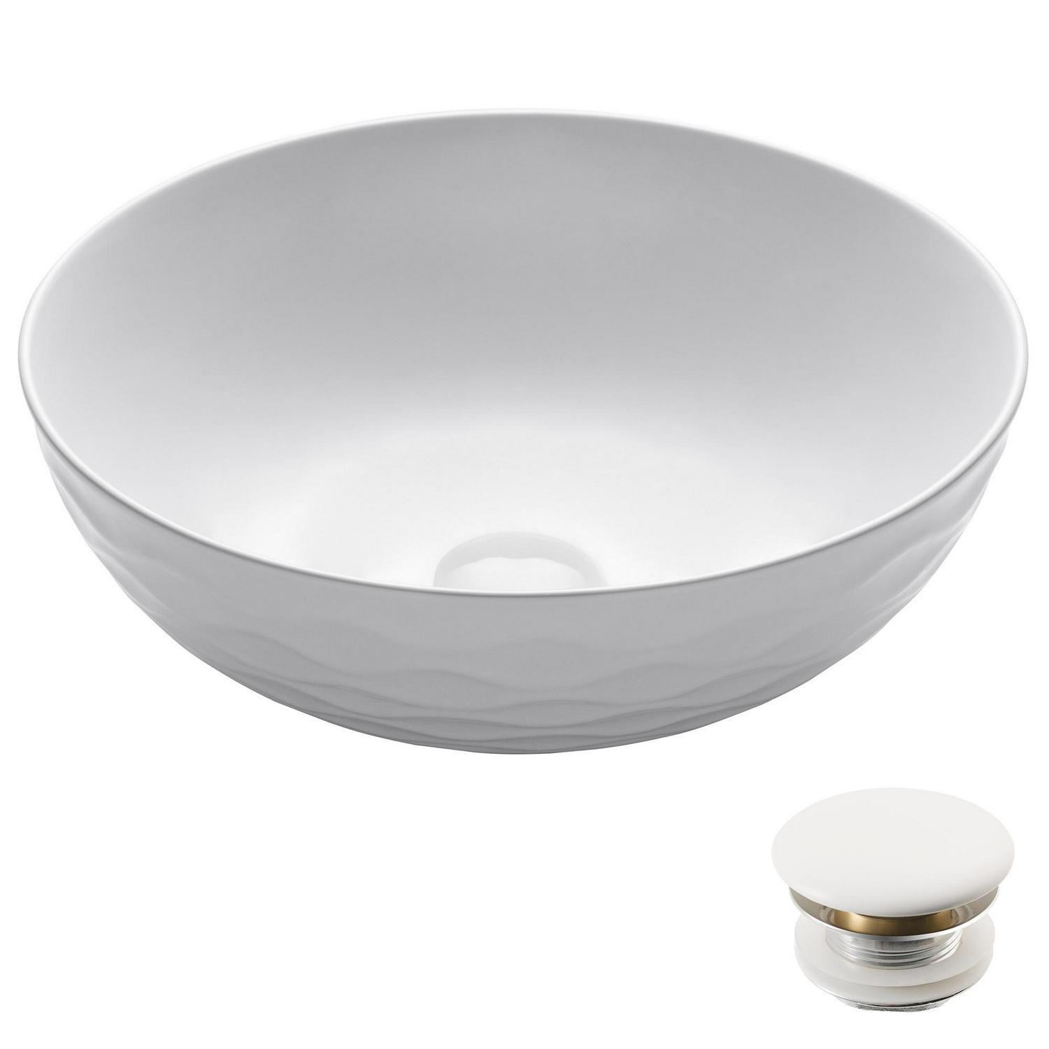 KRAUS Viva Round White Porcelain Ceramic Vessel Bathroom Sink with Pop-Up Drain， 16 1/2 in. D x 5 1/2 in. H