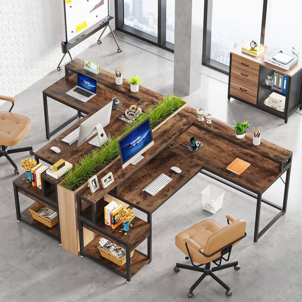 TRIBESIGNS WAY TO ORIGIN Perry 68 in. L Shaped Brown Wood 1-Drawer Computer Desk with Power Outlets and Monitor Stand C-G073