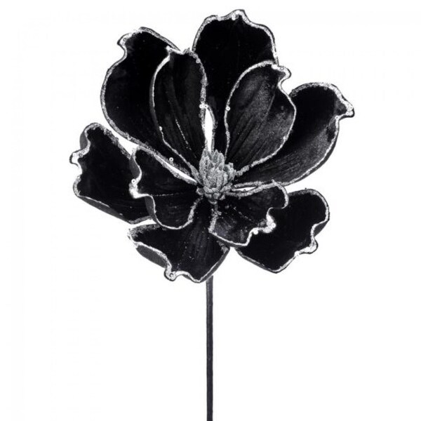 Silver Sequined Edge Tips On Black Velvet Magnolia Stem Artificial Flower