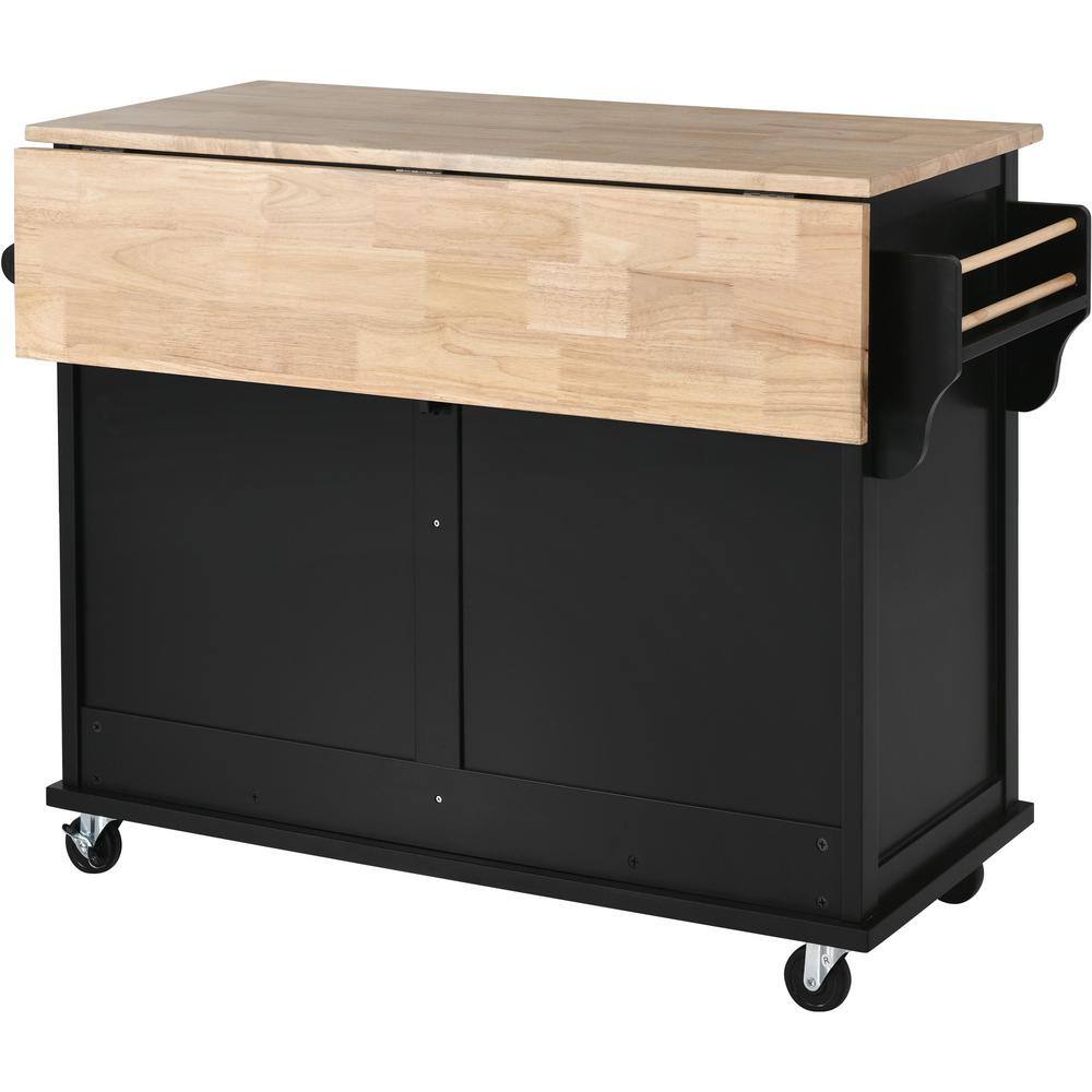 Black Rubber Wood Flodable Drop-Leaf Countertop 52.2 in. W Kitchen Island with Concealed Sliding Barn Door Drawers W999VESINK25