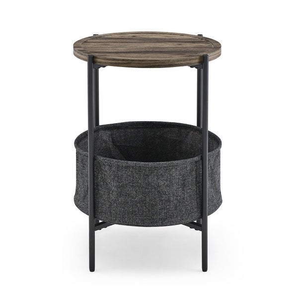 Modern Accent End Table with Storage Basket，Grey Cloth Bag and Brown Top