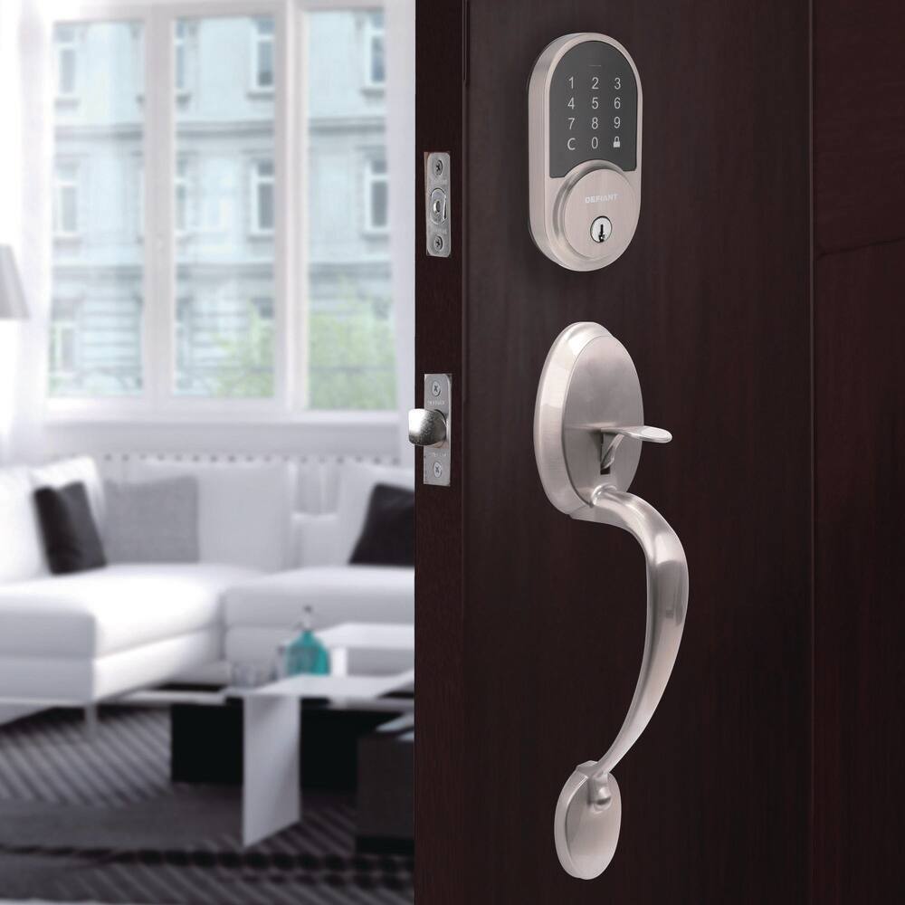 Defiant Wilmington Satin Nickel Door Handleset with Round Smart Hubspace WiFi Deadbolt and Hartford Interior Knob 32HY2X2GZB