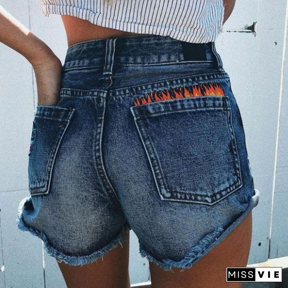 Casual Middle Waist Curled Side Denim Shorts