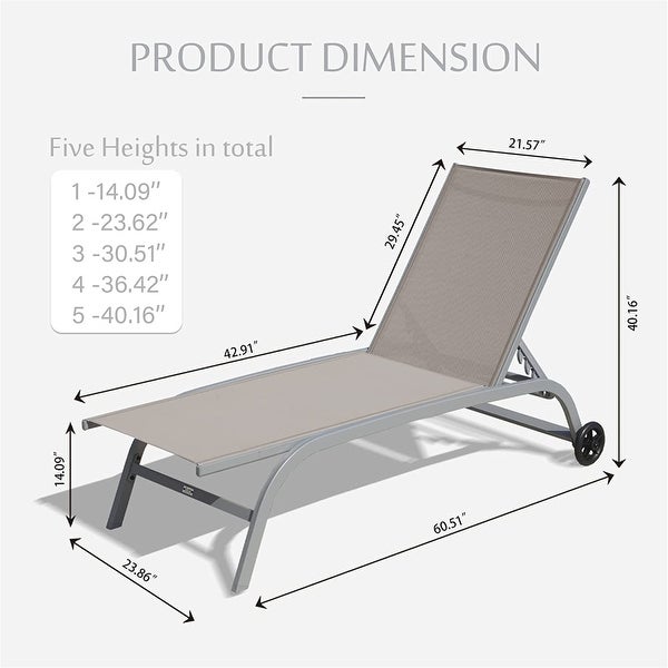 2-Piece Outdoor 5 Adjustable Position Chaise Lounge with Wheels