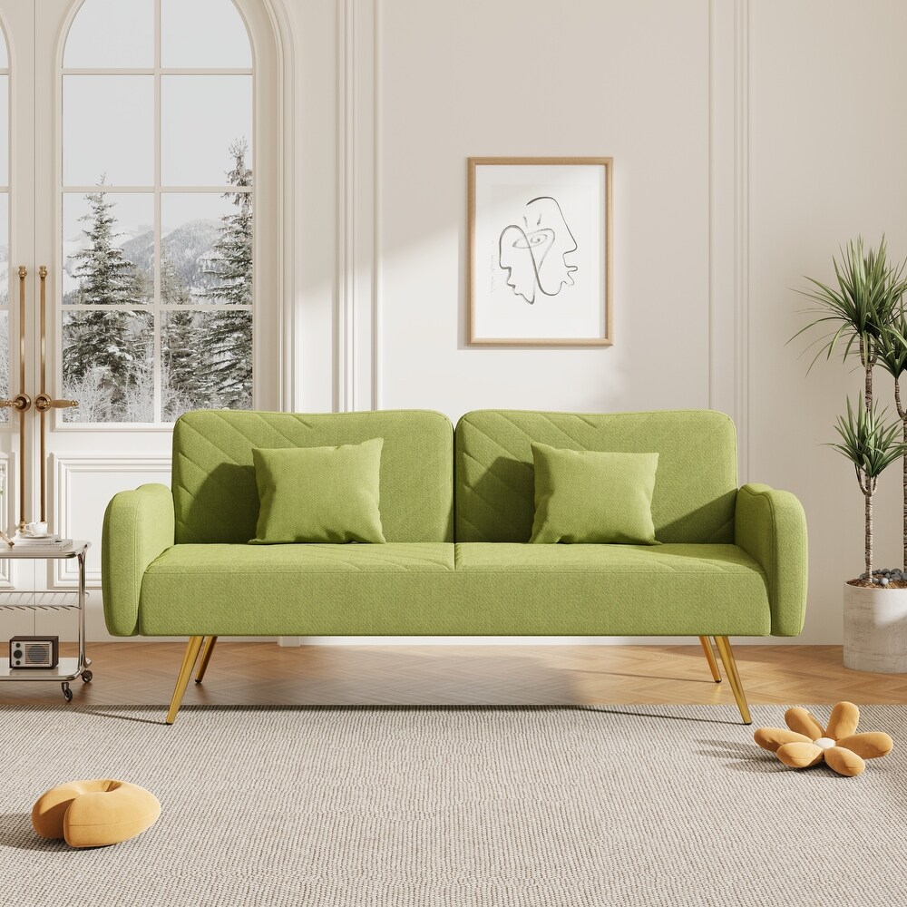 Linen Fabric Recliner Loveseat Sleeper Sofa with Split Back and 2 Throw Pillows for Living Room  Convertible Sofa Bed  Green