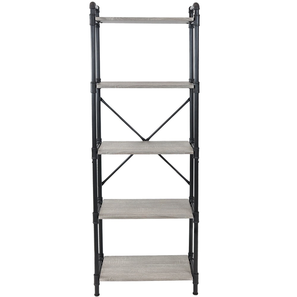 5 Tier Black Pipe Bookshelf with Wood Veneer Shelves