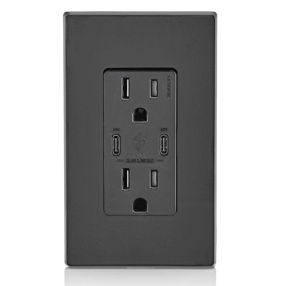 Leviton 30-Watt 6 Amp USB Dual Type-C with Power Delivery In-Wall Charger15 Amp 125-Volt Tamper-Resistant Outlet Black T5635-E