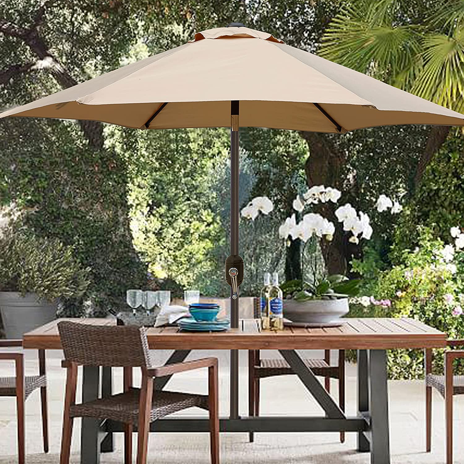 9' Outdoor Market Patio Umbrella with Push Button Tilt and Crank, 8 Ribs (Tan)