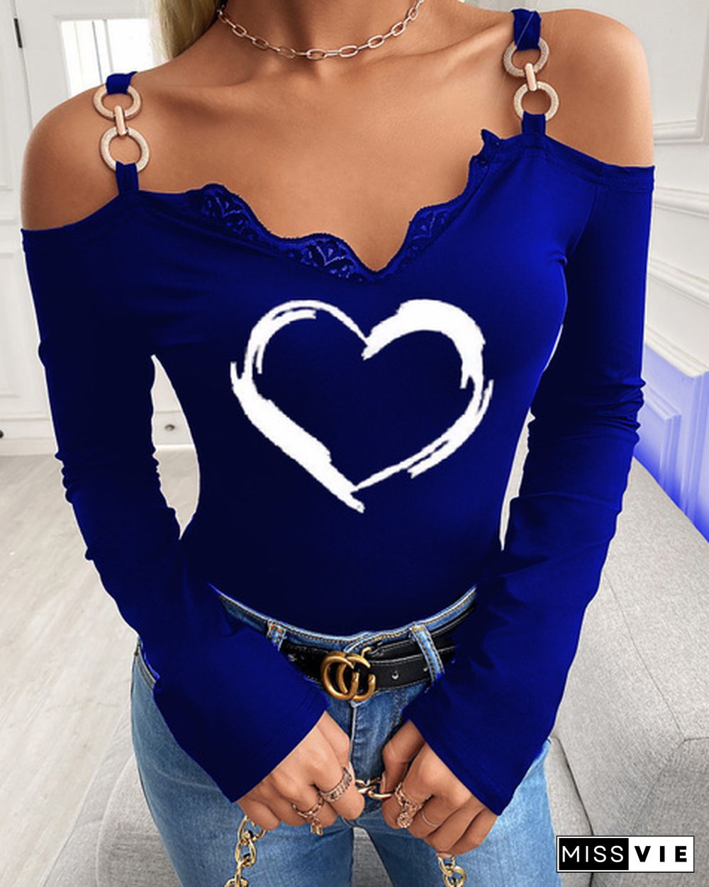 Spring and Autumn Plus Size Fashion Women Casual Heart Printed Lace Trim Cold Shoulder Chain Strap Long Sleeve Tops