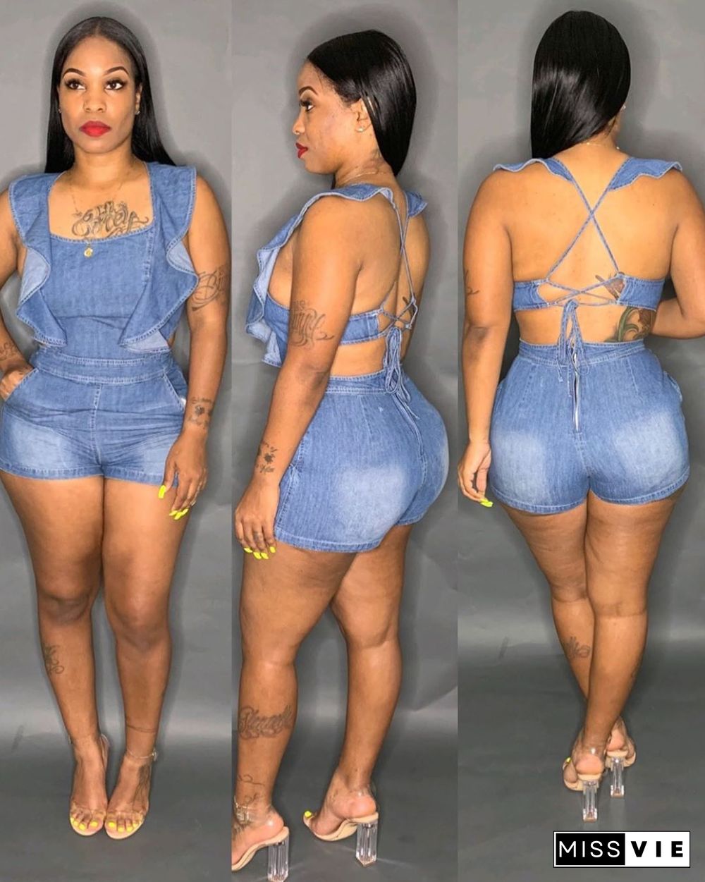 Denim Fabric Wooden Ear Side Back Hollow Out Romper