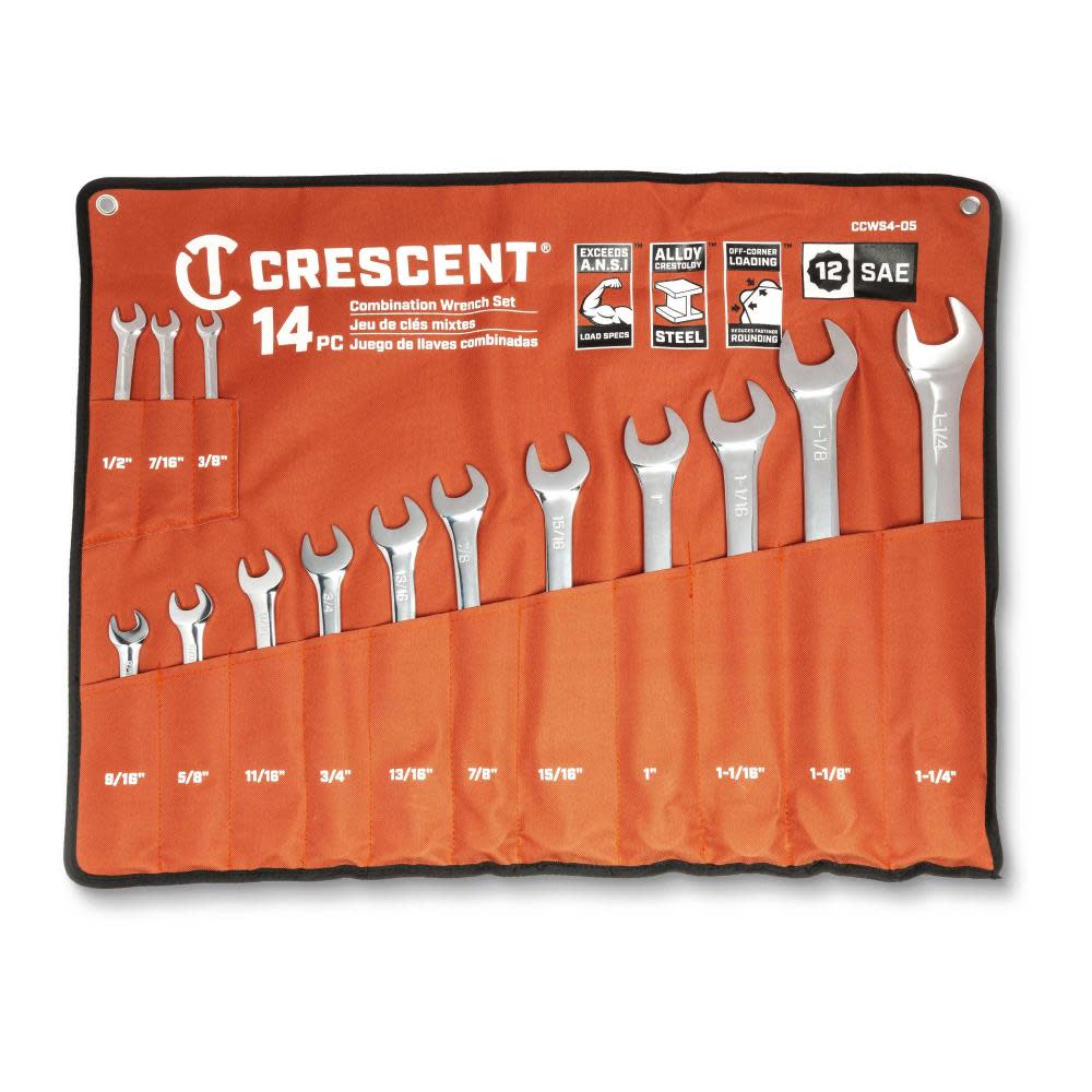 CRESCENT SAE Combination Wrench Set with Tool Roll 12 Point 14pc