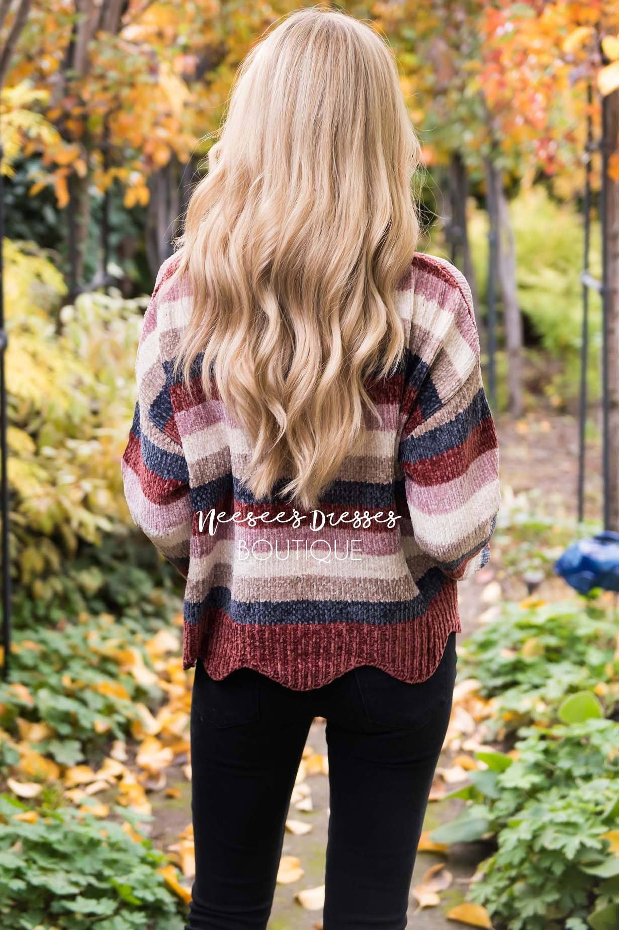 Striped Chenille Knit Scallop Hem Sweater