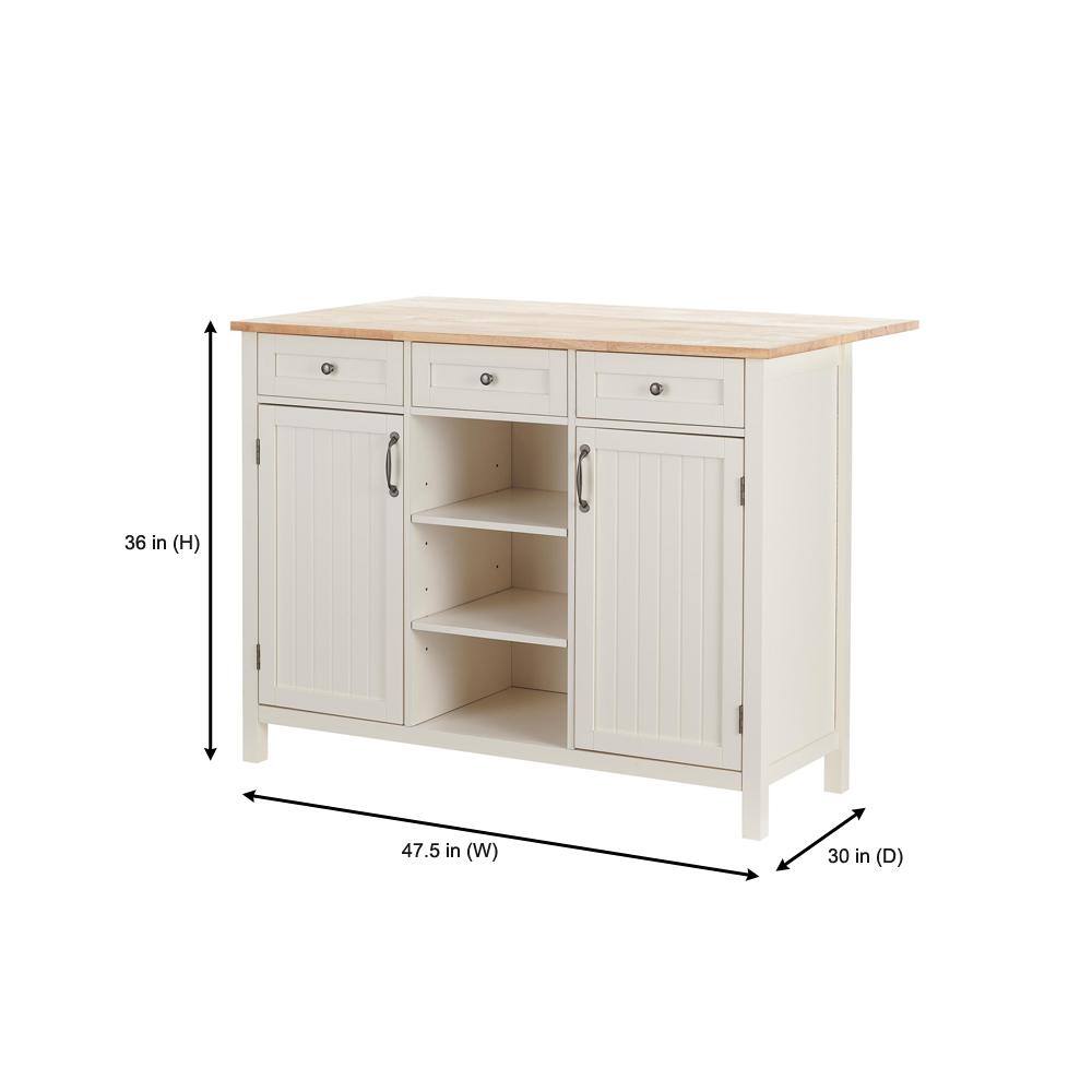 StyleWell Bainport Ivory Wooden Kitchen Island with Natural Butcher Block Top and Storage (48