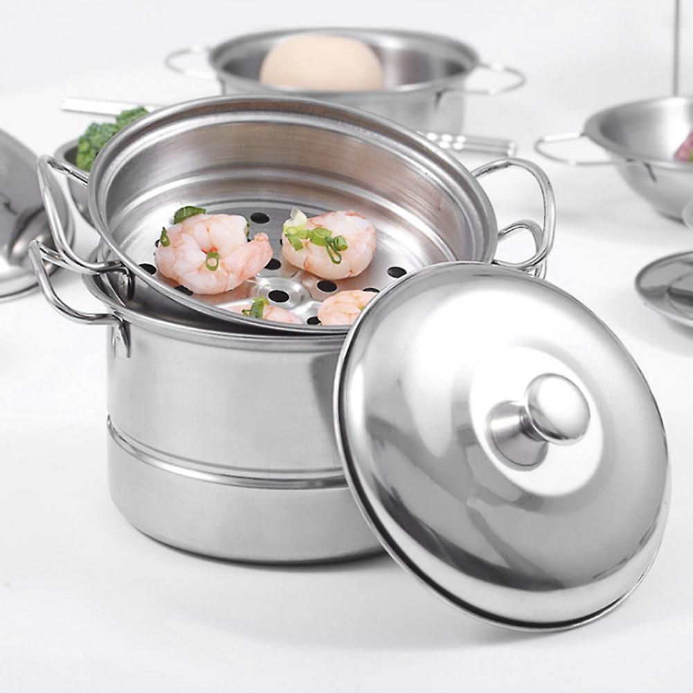 Stainless Steel Mini Pretend Steamer Pot Children Play House Kitchen Toy Cooking Food