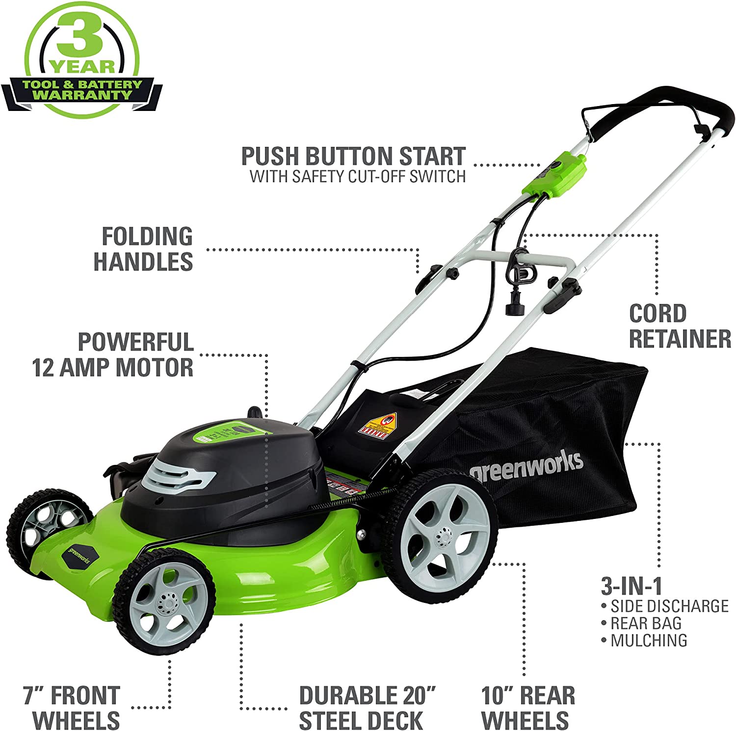 Greenworks 12 Amp 20-Inch 3-in-1Electric Corded Lawn Mower， 25022