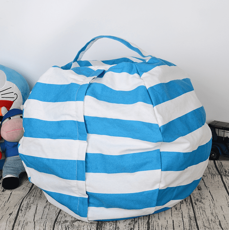 Amerteer 24 Kids' Bean Bag Chair Stuffed Animal Storage, Stripe Cotton Canvas Toy Organizer for Kids Bedroom, Storage Solution for Plush Toys,Towels & Clothes-Blue